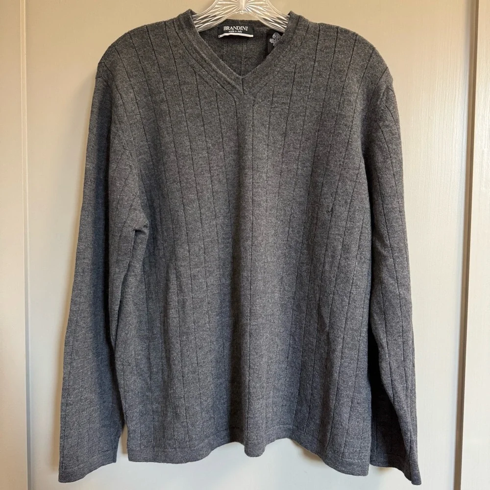 Brandini Sweater Men's Large Dark Gray V-Neck Ribbed 100% Merino Wool Pullover